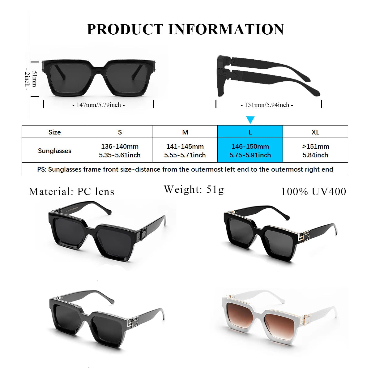 Lunettes de soleil noires carrées pour hommes et femmes