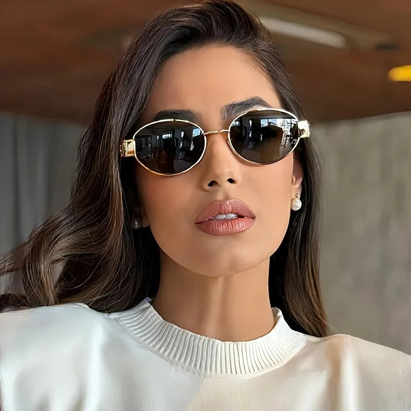 New oval sunglasses for women and men, trendy metal frame, classic lenses