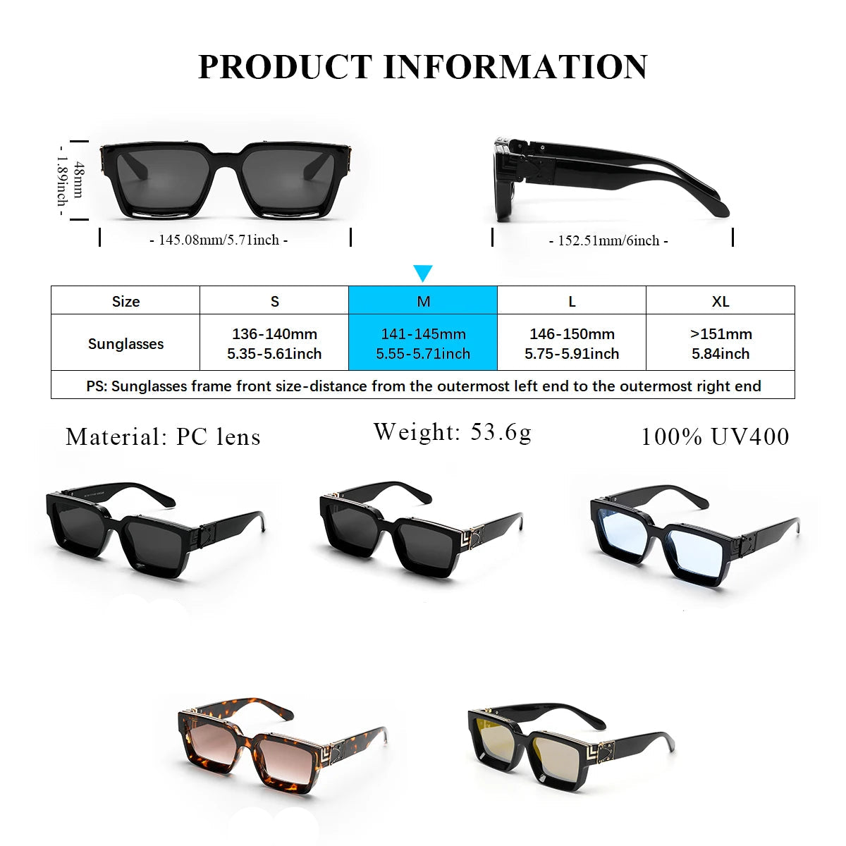 Lunettes de soleil noires carrées pour hommes et femmes