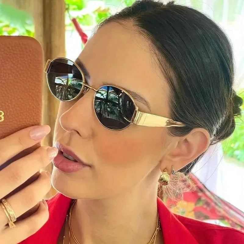 New oval sunglasses for women and men, trendy metal frame, classic lenses